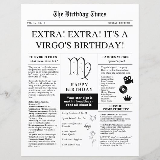 Maagdenboren-krant, leuk sterrenbeeld papier vel (Voorkant)