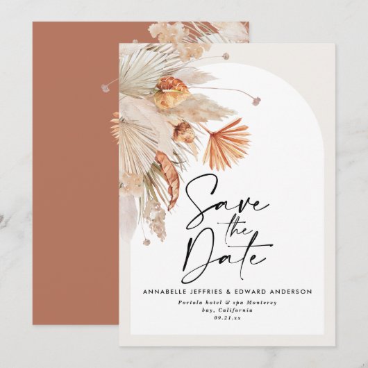 Maagdenboviene botanische terracotta pampasgras save the date (Voorkant / Achterkant)