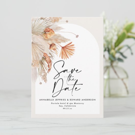 Maagdenboviene botanische terracotta pampasgras save the date (Staand voorkant)