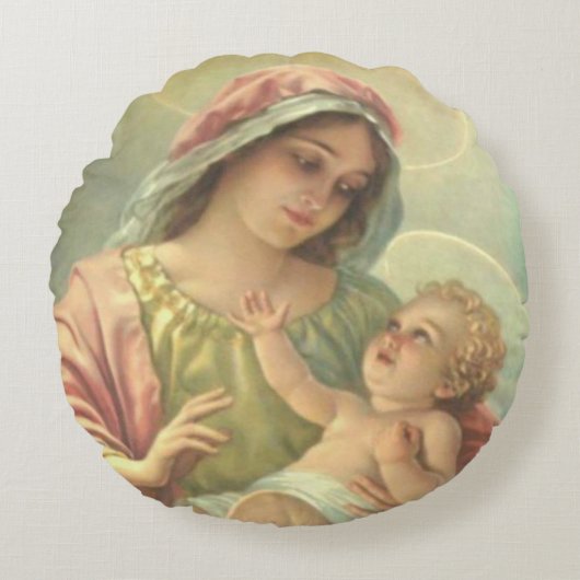 Maagdenmaagd Maria die de Baby Jezus vasthoudt Rond Kussen (Voorkant)
