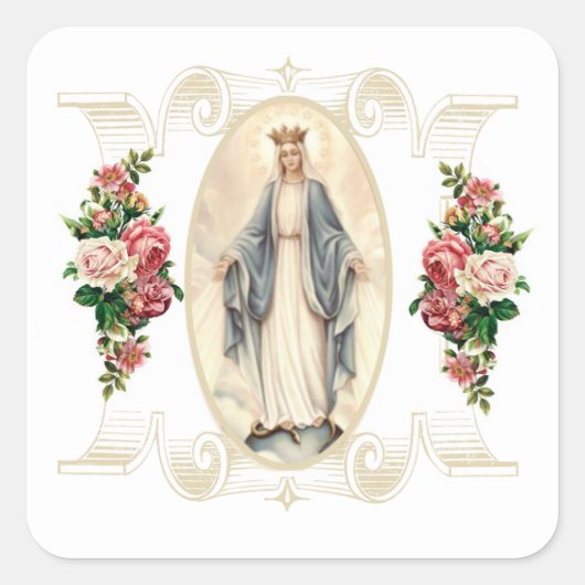 Maagdenmaagd Maria Katholieke Religieuze Floral Vierkante Sticker (Voorkant)