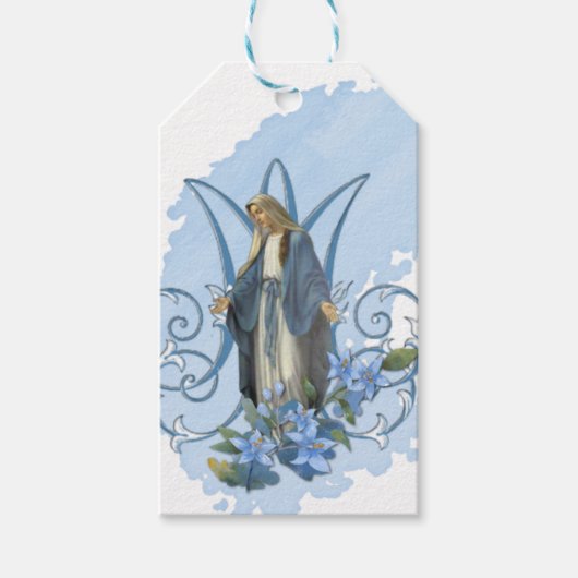 Maagdenmaagd Mary Religieuze Katholieke Blauwe Flo Cadeaulabel (Voorkant)