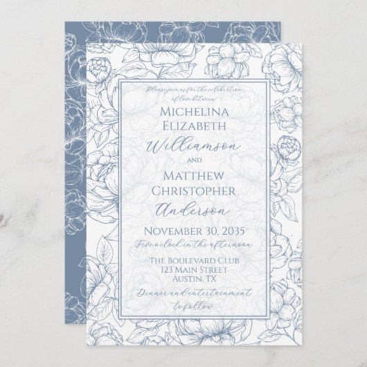 Maagdenpalm Blauw Elegant Handgetekend Bloem Bruil Kaart (Voorkant / Achterkant)