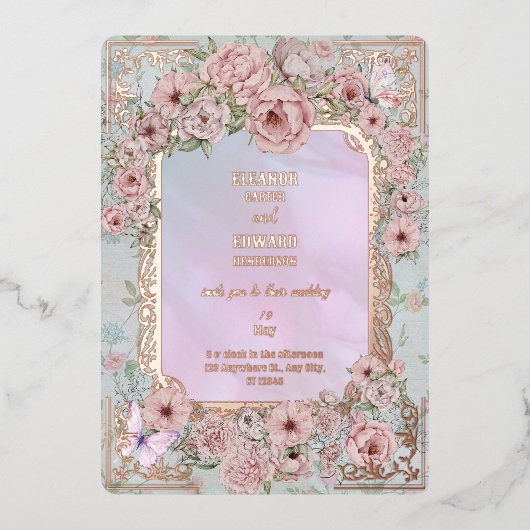  maagdenpalm pioen bruiloft folie uitnodiging (Voorkant)