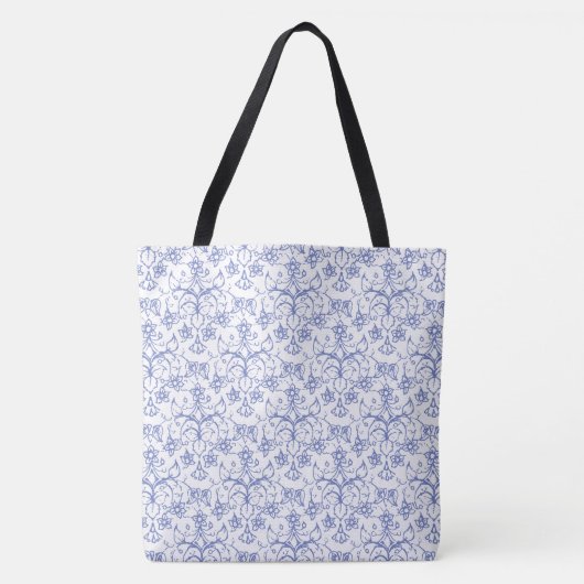 Maagdenpalmblauw op wit decoratief bloemmotief tote bag (Voorkant)
