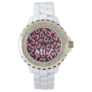 Maak Aangepaste Monogram Heet Roze Leopard Print Horloge