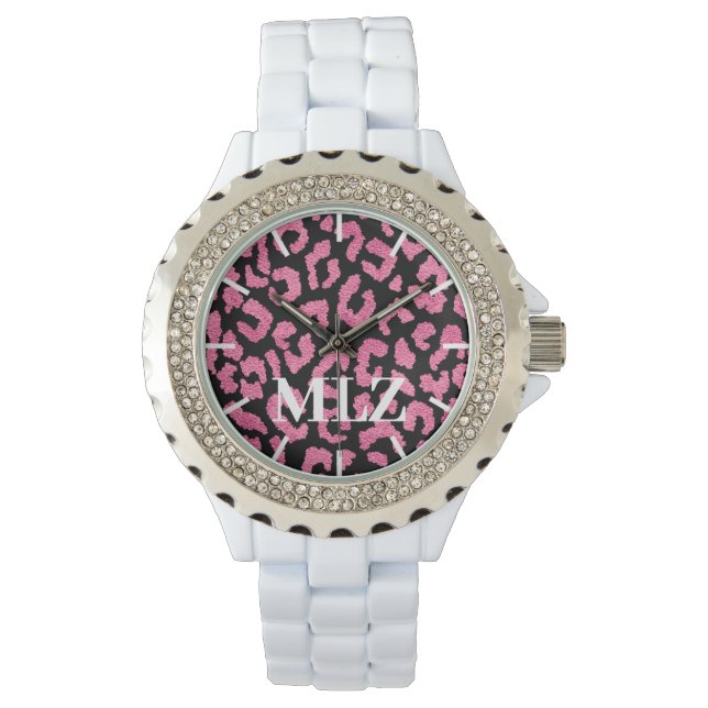 Maak Aangepaste Monogram Heet Roze Leopard Print Horloge (Voorkant)