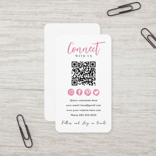 Maak contact met ons Roze Social Media Wit QR Code Visitekaartje (Voorkant / Achterkant in situ)