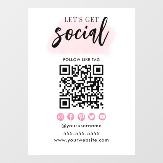 Maak contact met ons Social Media QR Code Wit Roze Raamsticker (Vel)