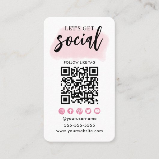Maak contact met ons Social Media QR Code Wit Roze Visitekaartje (Voorkant)