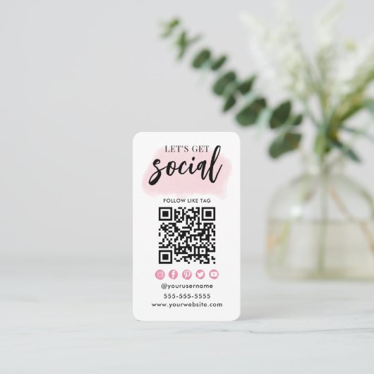 Maak contact met ons Social Media QR Code Wit Roze Visitekaartje (Staand voorkant)
