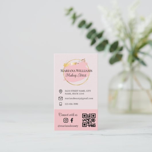 Maak contact met ons, sociale media, QR-code roze Visitekaartje (Staand voorkant)