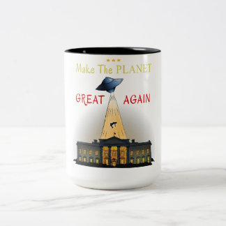 Maak de planeet weer geweldig! UFO ontvoering T-sh Tweekleurige Koffiemok