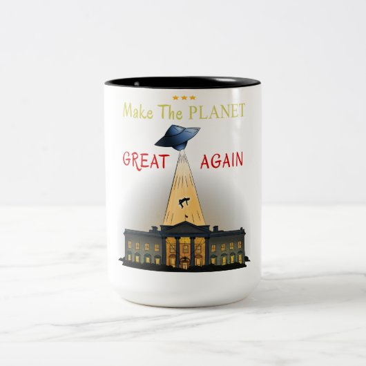 Maak de planeet weer geweldig! UFO ontvoering T-sh Tweekleurige Koffiemok (Center)