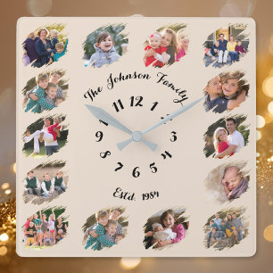 Maak een aangepaste gezinsfotocollage Rustic Earth Vierkante Klok