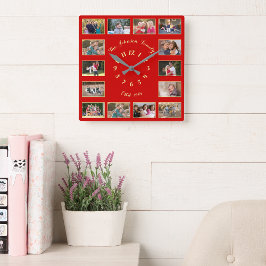 Maak een aangepaste kerstfoto-collage in rood en g vierkante klok