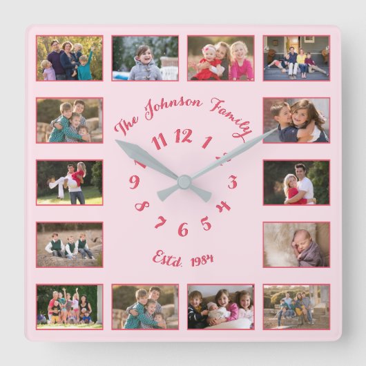 Maak een aangepaste roze familiefoto collage voor  vierkante klok (Voorkant)