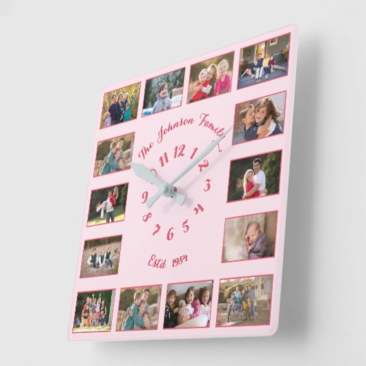 Maak een aangepaste roze familiefoto collage voor  vierkante klok (Hoek)