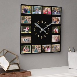 Maak een familiestuk van 14 foto's in collage met vierkante klok