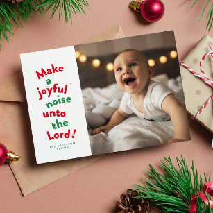 Maak een leuk geluid met religieuze kerstfoto feestdagenkaart