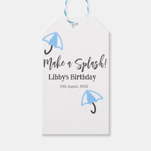 Maak een splash blauwe paraplu zomer zwembad verja cadeaulabel (Voorkant)