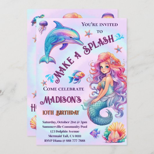 Maak een Splash Zeemeermin Pastel Verjaardagsfeest Kaart (Voorkant / Achterkant)