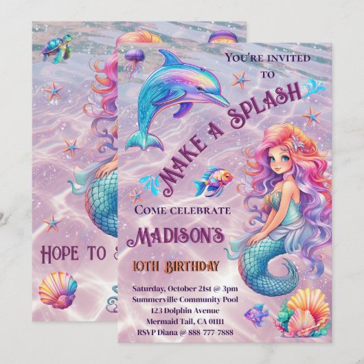 Maak een Splash Zeemeermin Sparkle Verjaardagsfees Kaart (Voorkant / Achterkant)