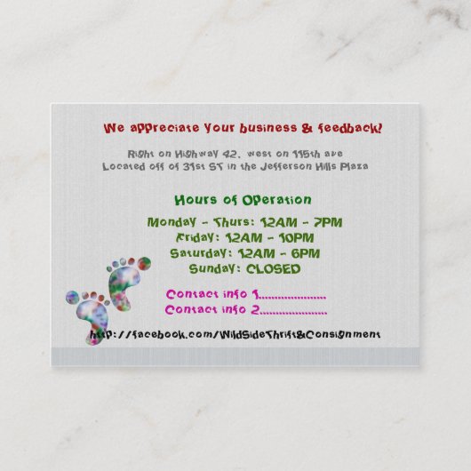 Maak een wandeling op de Wild Side THRIFT CONSIGNM Visitekaartje (Achterkant)