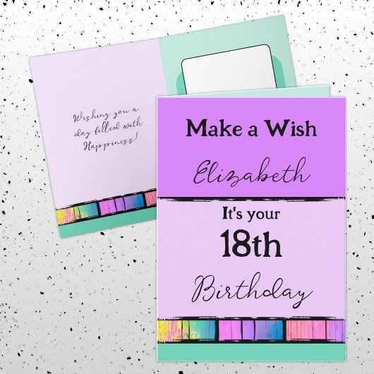 Maak een wens voeg naam toe paarse 18e verjaardag kaart