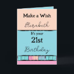 Maak een wens voeg naam turquoise 21st birthday to kaart<br><div class="desc">Dit is geen gewone verjaardag. Blaas die kaarsen uit, maak een wens zo episch dat het de sterren raakt, en maak je klaar om de wereld te veroveren. Gelukkige 21e verjaardag. Vervang deze door de werkelijke naam van de ontvanger. Voeg een zoete boodschap toe aan de kaart voor een extra...</div>