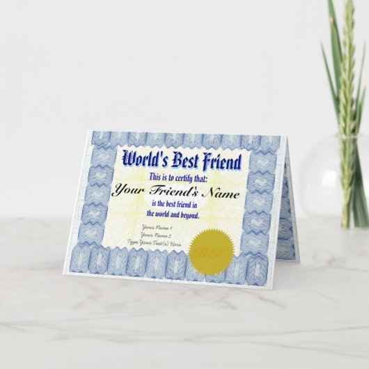 Maak een World's Best Friend Certificate Gift Kaar Kaart (Voorkant)