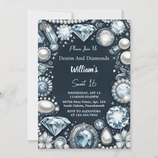 Maak Elegant Gem Bling Denim en Diamonds Sweet 16 Kaart (Voorkant)