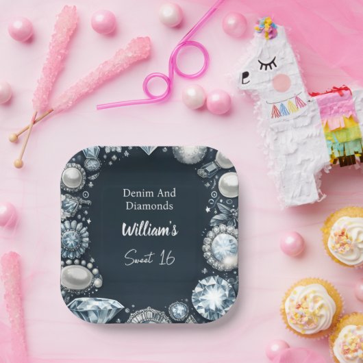 Maak Elegant Gem Bling Denim en Diamonds Sweet 16 Papieren Bordje (Feest)