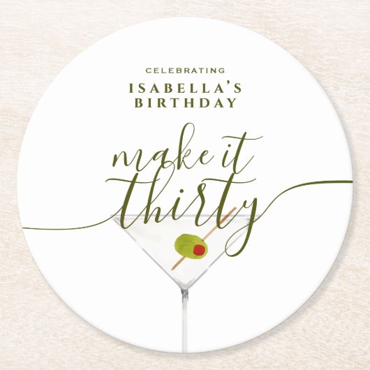 Maak er dertig Martini 30e verjaardagsfeest van Ronde Kartonnen Onderzetter (Voorkant)