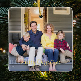 Maak familie foto elegante gouden script kerst keramisch ornament