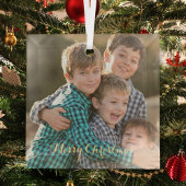 Maak familie foto elegante gouden script kerstmis glas ornament