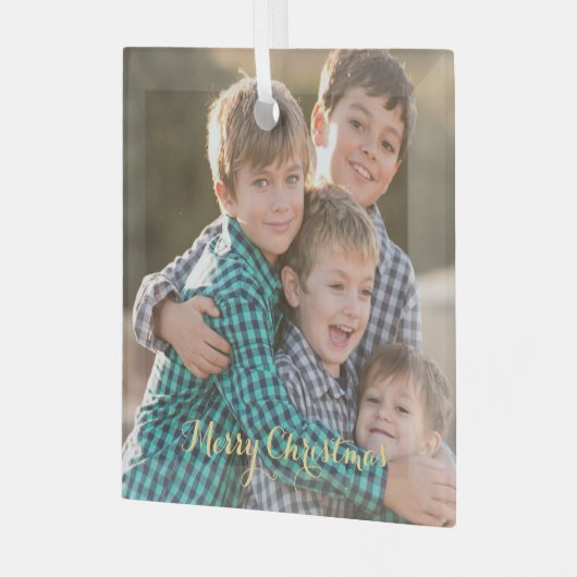 Maak familie foto elegante gouden script kerstmis glas ornament (Voorkant links)