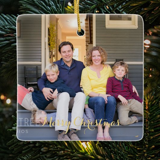 Maak familiefoto Elegant Gouden Script Kerstmis Keramisch Ornament