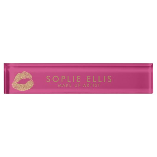 Maak Gold Glitter Lips Roze Persoonlijke naam Naambordje (Voorkant)