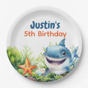 Maak golven Happy Shark Onderzee Verjaardag Papieren Bordje