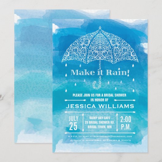 Maak het de Uitnodiging Blauw van de Waterverf van (Voorkant / Achterkant)