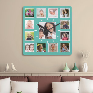 Maak Je Eigen 13 Familie Foto Collage Teal Vierkante Klok