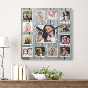 Maak Je Eigen 13 Foto Collage Grijs Hout Vierkante Klok