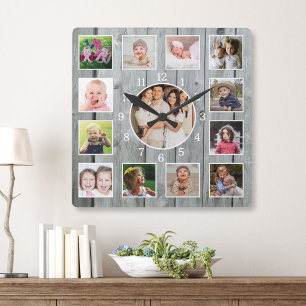 Maak je eigen 13 foto collage Rustic grijs hout Vierkante Klok