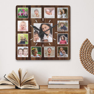 Maak Je Eigen 13 Foto Collage Rustiek Donker Hout Vierkante Klok