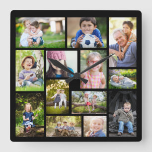 Maak je eigen 14 foto collage Zwart Vierkante Klok