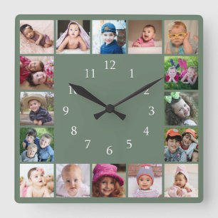 Maak je eigen 16 familiefotocollage groen vierkante klok