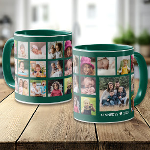 Maak je eigen 22 foto collage familienaam groen mok