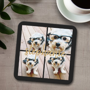 Maak Je Eigen 4 Foto Collage - Script Naam Kartonnen Onderzetters