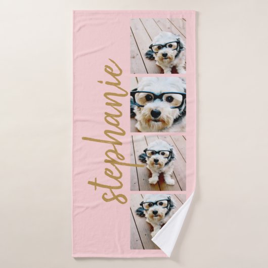 Maak Je Eigen 4 Foto Collage Scriptnaam koraal Badhanddoek (Badhanddoek)